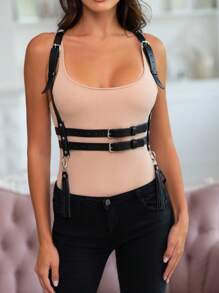 1pc Women's Black PU Leather Belt, Minimalist Fashion Double-Layer Body Cincher, Adjustable Gothic Waist Belt, Stylish Punk Belt, Fashionable Accessory