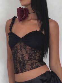 Women's Summer Fashion Cami Tops Black Sleeveless Open Back Lace Floral Cropped Vest - Black - View 5