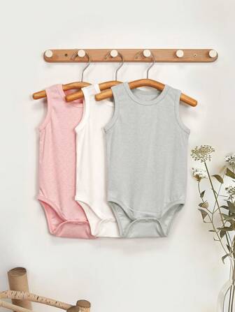3pcs Baby Girl Sleeveless Casual Bodysuit Set, Cute Infant Newborn Bodysuit