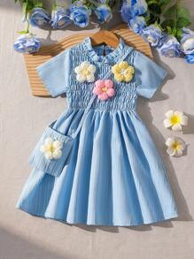 2 件套，女孩时尚简约 3D 花裙 + 配套 3D 花手提包