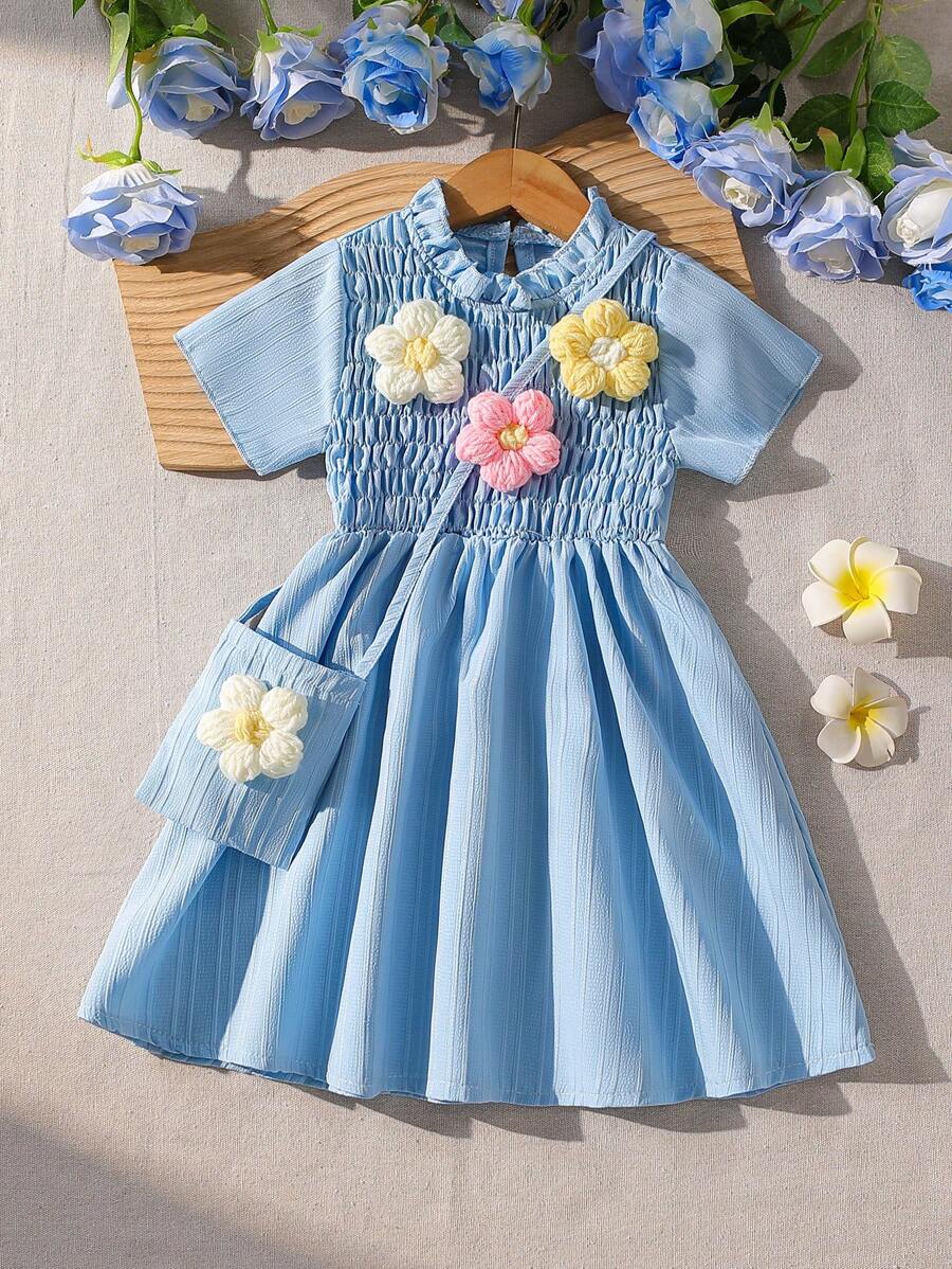 2 件套，女孩时尚简约 3D 花裙 + 配套 3D 花手提包