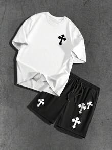 Men's White Round Neck Short Sleeve T-Shirt & Black Sports Shorts Set, Fashionable Cross Print, Casual Daily/Commuting/Sports Wear