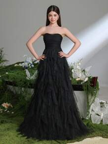 Teen Girls' Layered Mesh Overlay Strapless Party Dress - Black - View 4