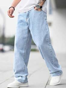 Men's Solid Color Jeans With Slanted Pockets - Baby Blue - View 1