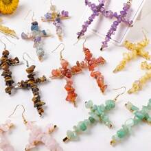 1Pair Natural Crystal Gravel Stone Cross Amethyst Eardrop Earrings Pink Crystal Reiki Eardrop Women Party Wedding Jewelry - Crushed Stone Cross Earrings - View 5