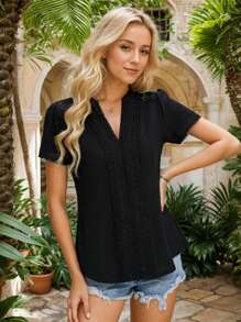 SANOPY Womens Blouses,Blouses For Women Dressy Casual,Womens Dressy Casual Blouses Short Sleeve V Neck Business Tops Ladies Summer Office Work Shirts - 黑色 - 查看 3