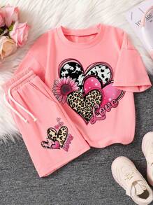 Tween Girl Heart Pattern Print Crew Neck Short Sleeve T-Shirt And Shorts Set - Pink - View 1