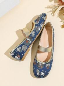 Floral Embroidery Mary Jane Shoes, Women's Round Toe Flat Slip-On Loafers, Soft Bottom Comfortable Casual Shoes - Blue - View 4