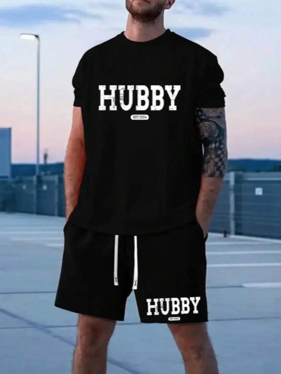 Hubby Men's Set T-Shirt + Shorts Tactel Summer 100% Cotton Shirt - 黑色 - 查看 1
