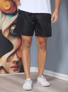 Men's Bermuda Shorts, High Elasticity, Tactel, Plain Gym - 黑色 - 查看 2