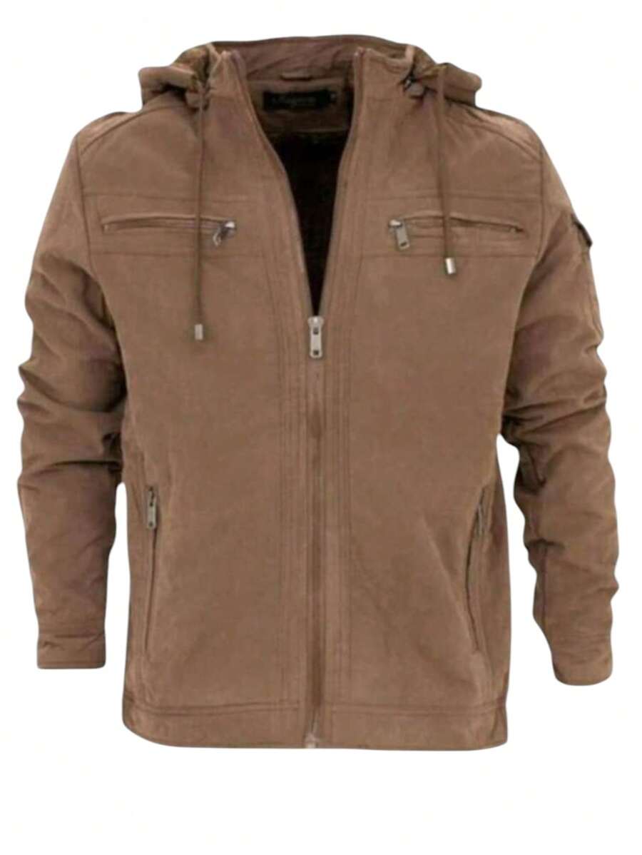 Men's Twill Jacket Coat With Hood And Pockets Lined - Rust Brown - View 1