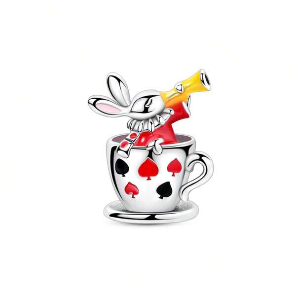 1pc Silver Color Dazzling Enamel Performance Poker Teacup Rabbit Pendant Charm Fit Bracelet Necklace DIY Jewelry Making Beads Daily Wear