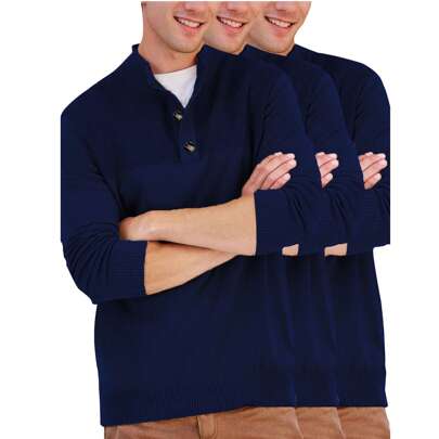 Men's 3 Pack Casual Small Slit Neck Button Pullover Slim High Neck Basic Long Sleeve Men's Sweater