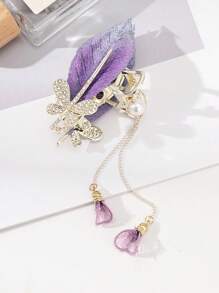 1pc Purple Leaf Tassel Pearl Crystal Hair Claw Clip, Suitable For Daily Wear