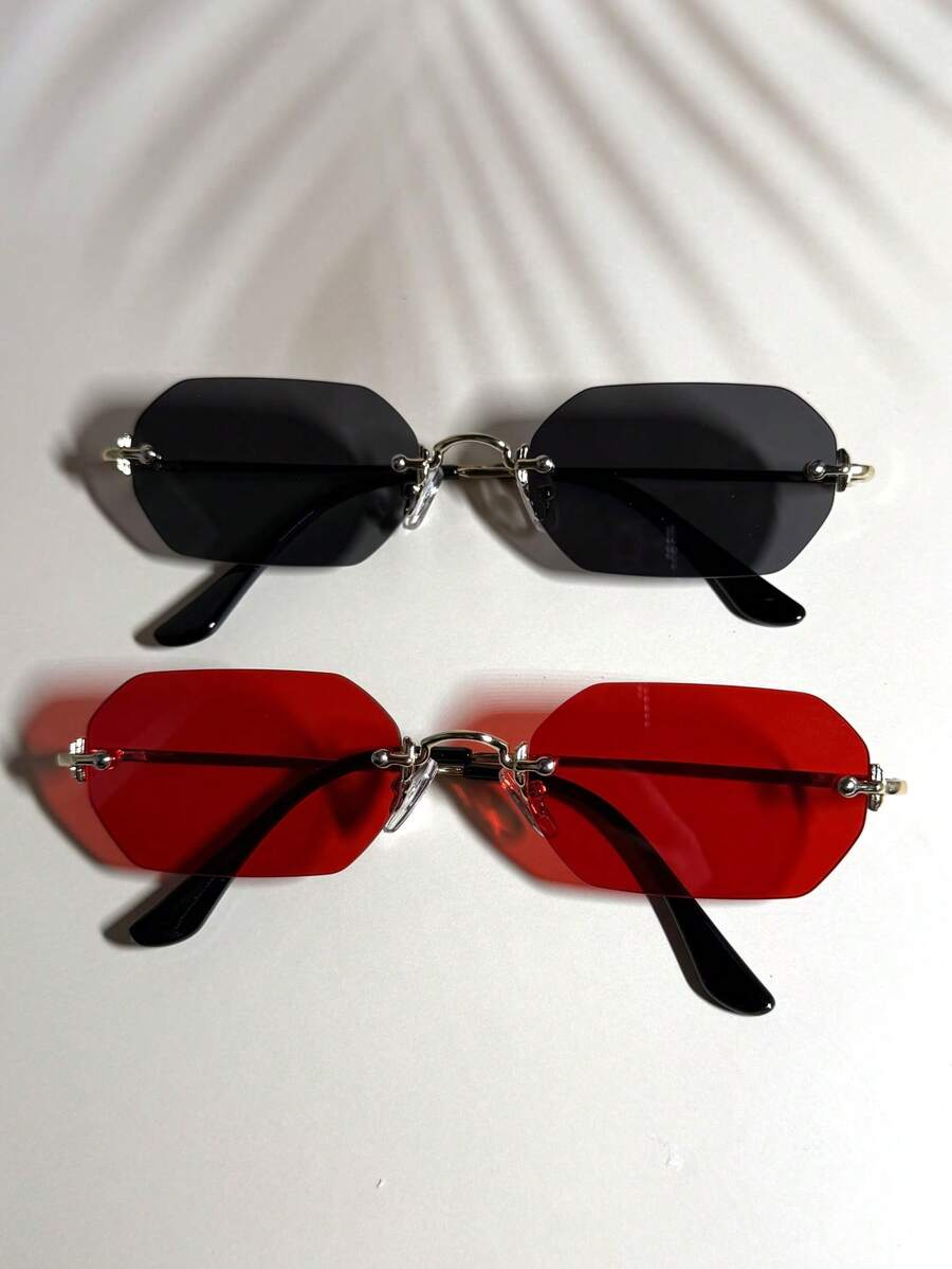 015835340007 2副男士超大红色六边形镜框复古全金属时尚眼镜，渐变色，适合街头、海滩、日常通勤，经典复古旅行者时尚眼镜（含挂绳和清洁布）