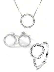 4pcs/Set Style Hollow Out Rhinestone Circle Ring Earrings Necklace Bracelet Jewelry Set - Fashion Jewelry Set Suitable For Daily Wear Christmas New Year Valentine's Day Holiday Gift