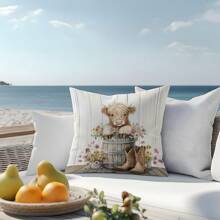 1 件 17.7*17.7 英寸 (45*45 厘米) [单面印花] 花卉牛仔靴高地牛印花涤纶抱枕套，适合日常使用、家居装饰、客厅沙发、卧室、汽车 [不含枕芯]