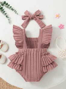 Summer Baby Girl Cute Pink Floral Ruffled Bodysuit & Headband Set - Dusty Pink - View 2