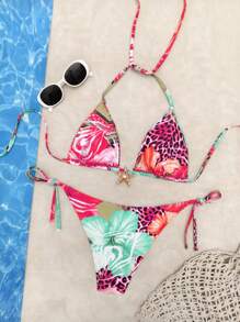Bộ đồ 2 món mùa hè, họa tiết da báo và hoa lá ngẫu nhiên, trang trí sao biển kim loại, gồm áo hai dây và bikini cạp cao, thích hợp cho kỳ nghỉ biển. - da báo - Xem 8