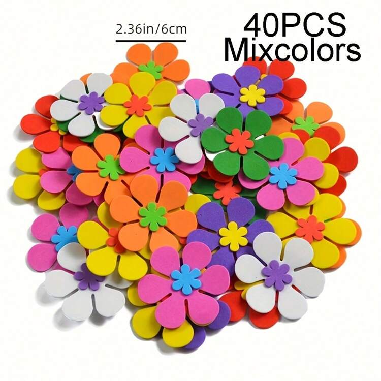 40/80/160 pezzi Adesivi di fiori in schiuma vivaci - Colori assortiti, finitura opaca, fiori in gomma autoadesivi per fai da te, progetti artistici e creativi, forme asimmetriche uniche, ideali per pannelli decorativi ed esplorazione creativa, stickers murali a forma di fiori - multicolore - Visualizzare 2