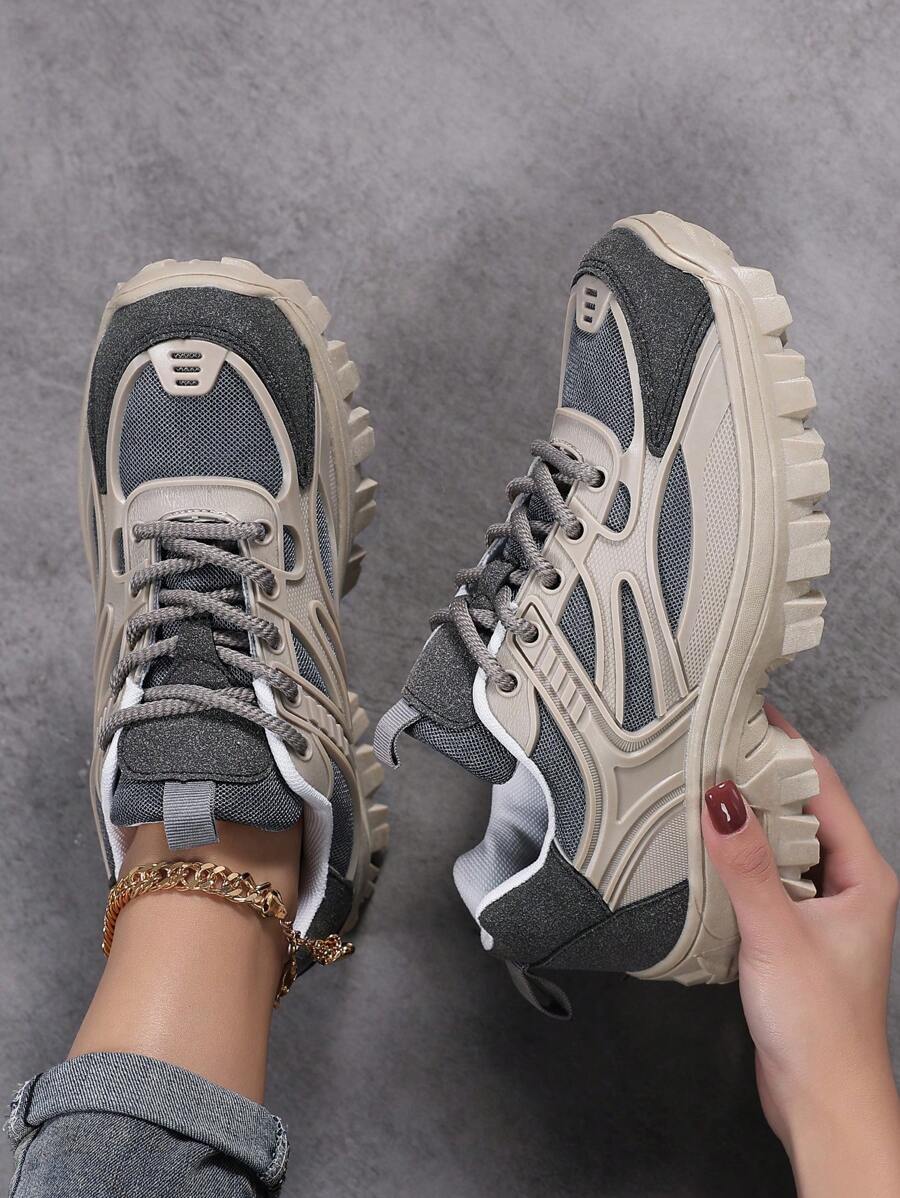 女士运动前厚底运动鞋，拼色皮革系带女鞋轻便透气运动鞋女鞋防滑耐磨户外运动鞋，舒适休闲女鞋