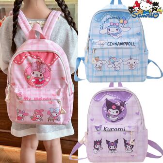  Sanrio Kuromi & Melody & Cinnamoroll 大容量背包 - 可爱粉色和黑色书包，配有可调节肩带，可爱动物图案，耐用尼龙，可折叠，适合户外使用 - 女士时尚背包，户外背包|动漫主题包|安全拉链开合，学校背包，便携式，防水多口袋旅行包，可从顶部悬挂，返回学校用品文具用品喷水背包