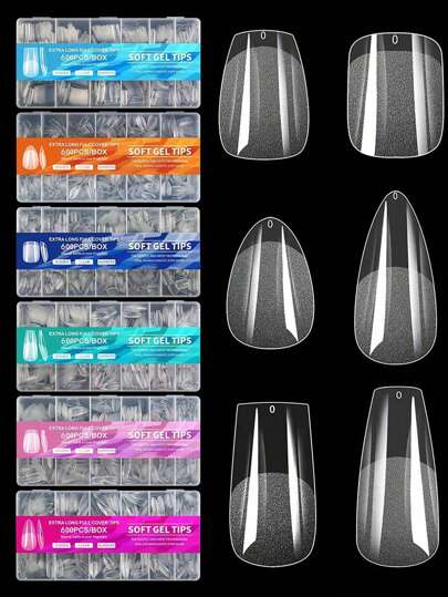 600Pcs Complete Set Almond Shaped Short Matte Acrylic Transparent False Nail Tips, Semi-Finished Artificial Nails For Diy Painting Press On Nails Nail Supplies Nails