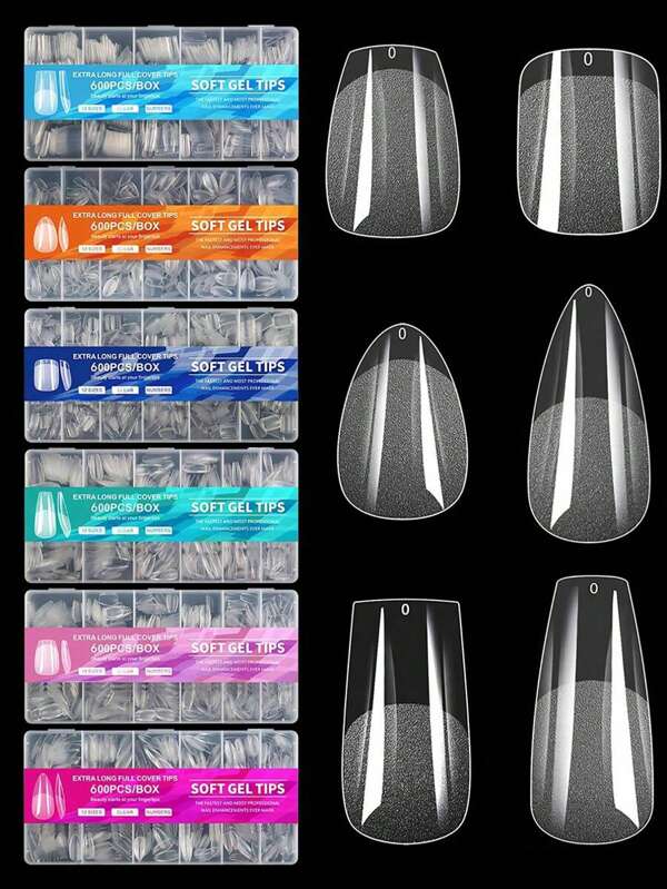 600pcs Complete Set Almond Shaped Short Matte Acrylic Transparent False Nail Tips, Semi-Finished Artificial Nails For DIY Painting Press On Nails