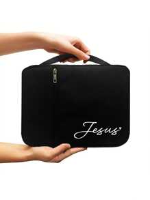 1/2Pcs/Set Black Fashionable Simple Printed Handbag Andcross Bookmark,Bible Storage Bag,Suitable Protective Case For Books And Notebooks Travel Essentials Travel Accessories Storage Bag, For Students Daily Use - Multicolor - View 4