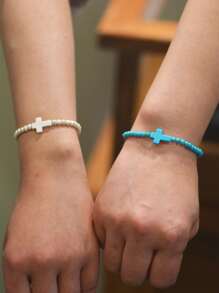 2 件女士友谊手链，绿松石和绿松石珠串珠手链，波西米亚风相配手链，适合最好的朋友 - cross - 查看 3