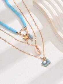 3pcs Bohemian Beach Vacation Style Starfish, Shell, Flower, Palm Tree Random Soft Ceramic Multilayer Necklace For Women (Avoid Contact With Water) - Blue - View 3