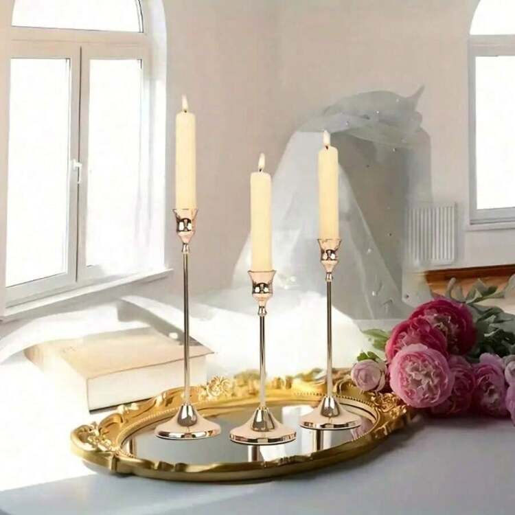 3pcs/Set Vintage Creative European Style Metal Candle Holders, Simple Design Decor For Wedding, Bar, Party, Living Room, Dining Room Gifts Birthday Graduation - Bronze - View 2