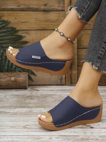 New Color Block Wedge Sandals, Open Toe Hollow Slip-On Mules, Casual Outdoor Slippers, Plus Size Summer Women Sandals, Hollow Designed, Suitable For Vacation And Daily Wear, Comfortable And Breathable, Fit For Indoor And Outdoor Activities. Fashion Wedge And Chunky Platform Women Sandals - Navy Blue - View 3