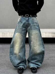 Men's Loose Fit Casual Multi-Pocket Wide Leg Jeans - Medium Wash - View 4