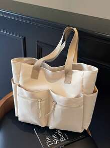 Nueva bolsa de mano de gran capacidad para ir a la escuela, versátil bolso de hombro tipo tote para estudiantes universitarios - Beis - Ver 3