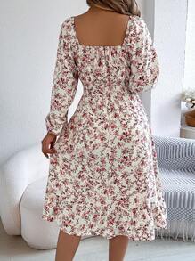 Autumn And Winter Leisure Vacation Small Floral Solid Color Square Neck Long Sleeve Women's Dress - trắng - Xem 2