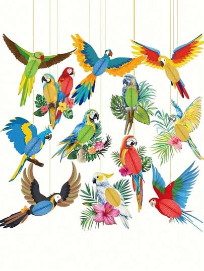 12pcs Tropical Parrot Honeycomb Hanging Decorations, Hawaii Theme Party Supplies