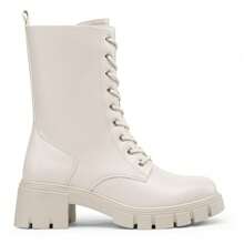 Women's Mid Calf Combat Boots Lace Up Elastic Chunky Platform Boot With Side Zipper - 米色 - 查看 5