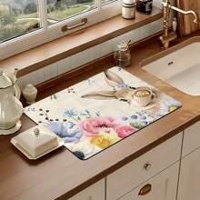 1pc Easter Element Multi-Color Flowers, Cute Rabbit Print Kitchen Countertop With Absorbent Dishwashing Mat, Dishwashing Mat, Kitchen Small Tools, Easy To Clean And Versatile