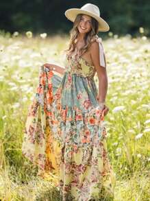 Nuovo vestito elegante primaverile/estivo con stampa floreale, spalline a spaghetti, senza schienale, fiocco, stile bohémien di , in chiffon, effetto snellente in vita