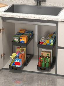 1 pieza Organizador de fregadero, Estantería de almacenamiento de 2 pisos, Almacenamiento de cocina, Organizador y almacenamiento de fregadero, Accesorios para el cuarto de almacenamiento de alimentos, Cajón deslizante inferior, Cesta de almacenamiento con estilo de cajón, Estantería para especias de cocina, Accesorios de cocina, Decoración del hogar, Día de la Madre, Regalo para mi madre - Negro - Ver 2