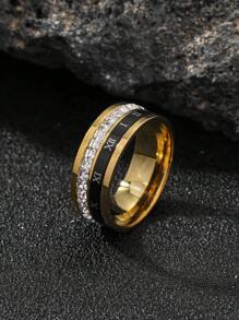 1 Piece Of Fashionable And Personalized Stainless Steel Plated With 18k Gold And Set With Diamonds, European And American Style, Roman Numerals, Bright Diamonds, Gemstones, Stainless Steel Ring, Versatile For Men And Women