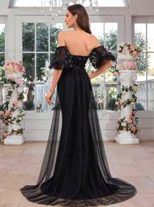 UNITHORSE V-Neck Drop Shoulder Puff Sleeve Romantic Floral Decor Cinched Waist Dress, Black Wedding Gown,Bride - Black - View 3