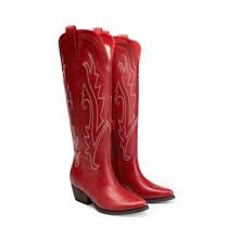 Womens Vintage Embroidered Western Boots Cowboy Knee High Boots Comfortable Pull On Side Zipper Chunky Heel Cowgirl  Retro Tall Boots - 紅色 - 查看 5