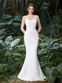 Elegant Polyester Chiffon Bridal Gown With Fish-Tail Silhouette | Guest Dress For Wedding Showers, Garden Parties, And Everyday Formal Wear - White - View 8