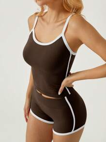 NcmRyu Women's Fashion Backless Colorblock Camisole And Shorts Sports Suit