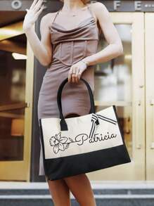 Personalised Floral Canvas Large Tote Bag With Name And Ribbon Birthday Christmas Travel Accessories Gift For Her - Beige - View 6