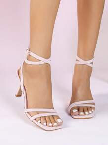 Women's Solid Color Fashionable High Heel Sandals, Ankle Strap Stilettos, Open Toe Criss-Cross Sandals, Pink High Heel Sandals - Pink - View 4