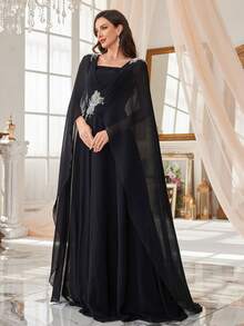 SUPGIR Đầm dạ hội trang trọng thanh lịch cổ vuông dài tay đính hạt sequin sang trọng eo hẹp cho nữ - màu đen - Xem 5