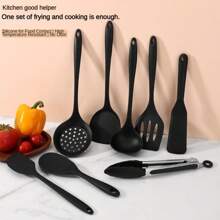 Ensemble de 8 ustensiles de cuisine en silicone pour poêles antiadhésives - Outils de cuisine résistants à la chaleur avec crochets (Noir) - Comprend une spatule, une pelle à égoutter, une cuillère à riz, un passoire, une louche à soupe, des pinces à aliments, une pelle à wok, une pince à nouilles - Ustensiles de cuisine essentiels pour le sauté